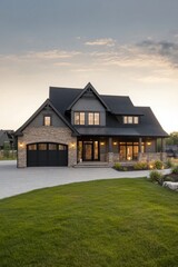 Modern suburban house with stone facade and landscaped yard during twilight hours, showcasing elegant architecture and inviting atmosphere