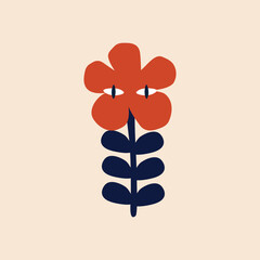 Funny red flower hand drawn vector illustration. Isolated adorable plant for kids poster or logo.