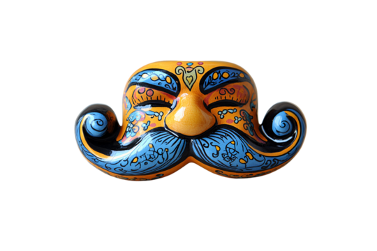 Glossy ceramic mask with blue swirls, stylized mustache, closed eyes, and vibrant ornamental facial decorations, isolated on a transparent background