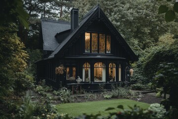 Fototapeta premium Charming black house nestled in a lush garden, showcasing large windows illuminated at dusk, located in a serene countryside setting