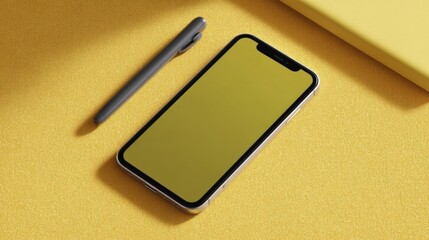 Smartphone with a black screen lying on a yellow textured surface. the phone appears to be an smartphone x with a gold-colored frame and a black home button at the bottom.