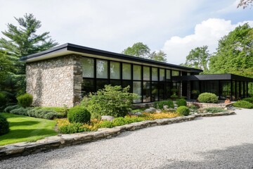 Modern stone house surrounded by landscaped garden and greenery in a serene rural setting, showcasing large windows that reflect the sky during daylight hours