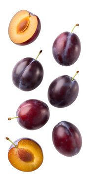 Plums in flight isolated on transparent background
