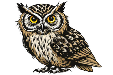 Fototapeta premium A beautifully crafted owl illustration displays intricate feather patterns and vivid yellow eyes, capturing the birds piercing presence while perched silently on a branch.