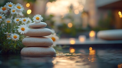 Obraz premium Serene Stacked Stones with Daisies and Warm Evening Light