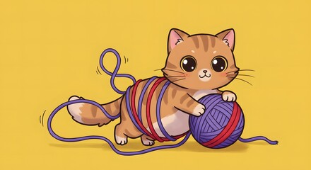 Cat wrapped in yarn, animated style