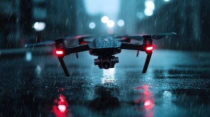A drone flies through the rain-soaked streets of a city at night, vivid reflections illuminating its path and highlighting the beautiful juxtaposition of technology and nature.