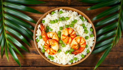 Grilled Seafood Served on White Rice with Green Peas in Natural Bamboo Bowl Garnished with Leaves