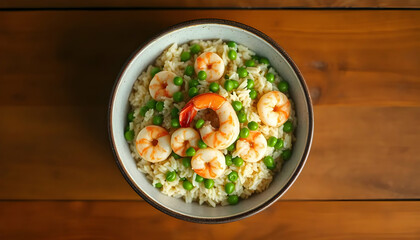 Shrimp Fried Rice with Green Peas Served in a Bowl on a Wooden Table
