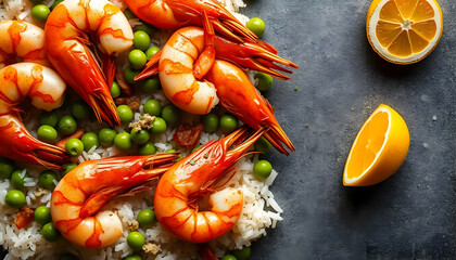 Appealing Shrimp Dish on Rice with Peas and Lemon