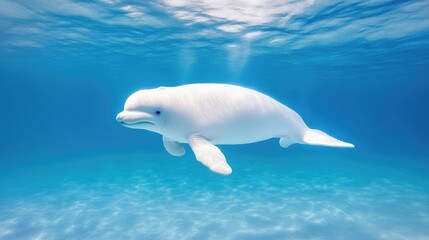 Fototapeta premium Beluga whale swimming gracefully in clear blue ocean water with sunlight filtering from the surface.