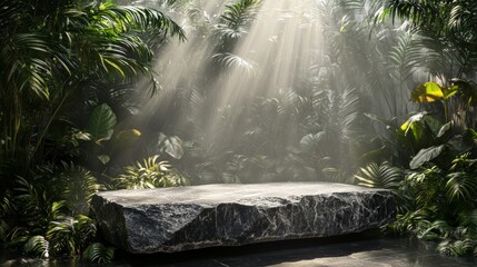 Dark Gray Stone Platform in Sunlit Lush Tropical Jungle