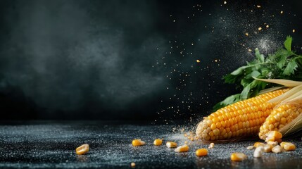 A striking image capturing ears of corn scattered with dust and spices on a dark surface, highlighting the stark contrast and artistic flair of the scene.