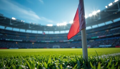Fototapeta premium Soccer Field Corner Flag in Stadium Green Grass Red Flag Bright Day