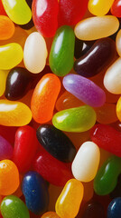 an assortment of jelly beans in bright, fruity colors, a macro and full-frame texture shot, a close-up texture