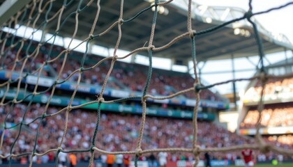 Soccer Goal Net Close up with Blurred Stadium Crowd and Spectators