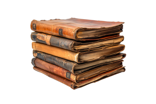 Worn vintage books stacked high, leather covers cracked and corners frayed, holding timeworn knowledge and history, isolated on a transparent background
