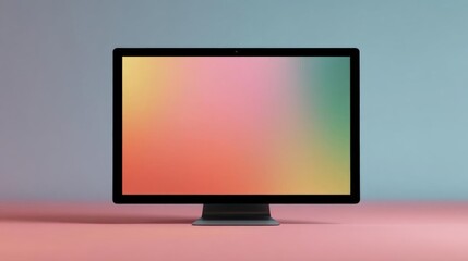 Fototapeta premium 3d rendering of a computer monitor with a blank screen. the monitor is placed on a pink and light blue background. the screen is rectangular in shape and has a black frame.