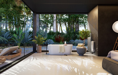 3D render of a round bath tub in a luxury hotel suite