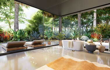 3D render of a round bath tub with tropical garden view