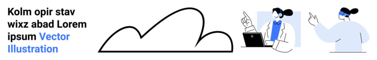 Person using a laptop with cloud icon, two colleagues pointing. Ideal for teamwork, innovation, collaboration, cloud computing, analytics, technology, and a simple landing page