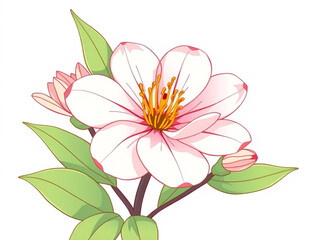 Delicate white and pink flower with green leaves 