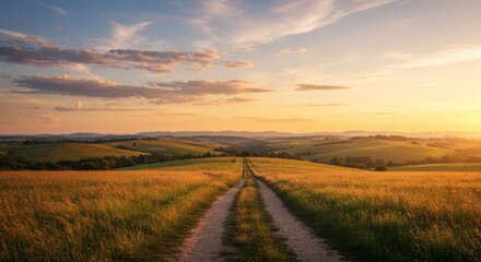 Dirt Road Leading Through Golden Field at Sunset Countryside Landscape