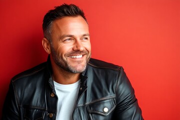 Obraz premium Red solid background. A confident man in a professional studio photo. Idea art of style for aging men. Elegant men's layered waves haircut - midlife white man with black hair.