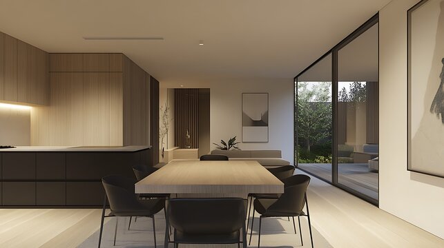 A minimalist dining area with black accent décor


