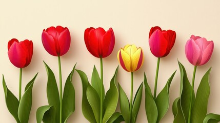 Colorful tulips of various shades including red yellow pink and purple with green leaves arranged in a row on a light background, celebrating sp and floral beauty