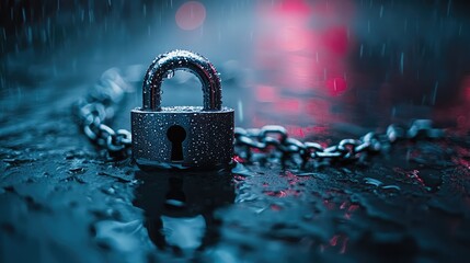 Padlock chained in rain