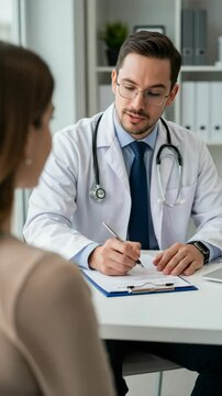 Doctor talking patient, perfect for healthcare, telemedicine, hospital content, medical consultation visuals, or doctor-patient communication scenes in vertical format.