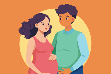 A happy couple stands together, with the woman gently cradling her baby bump while the man lovingly embraces her, showcasing their excitement for the new arrival.