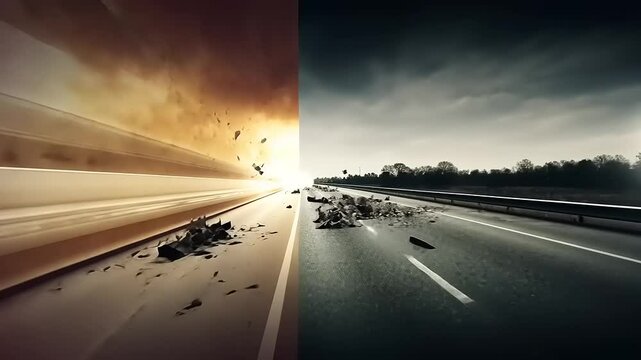 Surreal split image depicting a road transitioning from destruction to calm serenity
