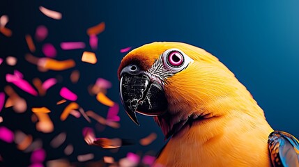 Vibrant parrot portrait against a colorful background with confetti, showcasing beauty and joy