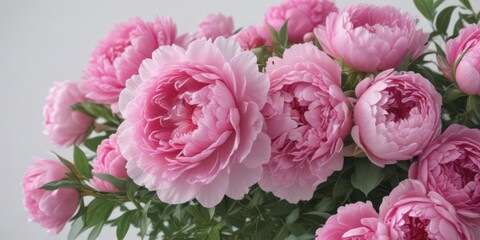 Fototapeta premium Vibrant pink peonies and roses, fresh bouquet, white backdrop , romantic, garden