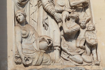Fontana del'Acqua Felice Sculpted Detail Depicting a Man, a Woman and Children in Rome, Italy