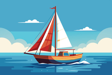 A vibrant sailboat with red and white sails navigates smoothly across tranquil waters, surrounded by picturesque clouds on a beautiful day.
