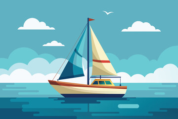 A colorful sailboat navigates tranquil waters, enjoying the clear blue sky adorned with fluffy clouds and a solitary bird flying overhead.