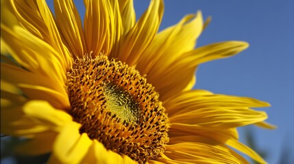 A close up view of a vibrant yellow sunflower against a clear blue sky on a sunny day outdoors