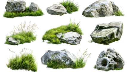 Serene Green Grass with Rocks and Stones Collection on Isolated Background