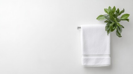 A neatly folded white towel hanging on a wall-mounted rack with a green plant leaf, minimalist bathroom setting, and clean and serene composition.