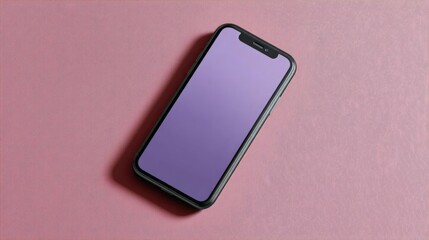 Black smartphone lying on a pink background. the phone has a large screen with a purple gradient background, and the edges of the screen are slightly curved.
