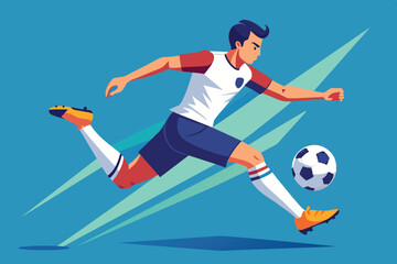 Obraz premium A talented young soccer player runs swiftly to kick a ball while sporting a modern uniform. The vibrant blue background enhances the dynamic energy of the action.