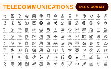 Modern 5G Telecommunications Line Icons – Minimalist Vector Outline Illustrations for Wireless Tech, Mobile Data, Network Infrastructure, and IoT Connectivity