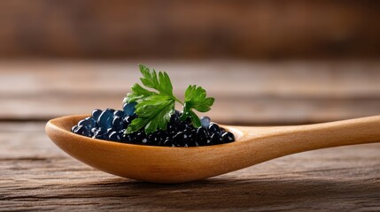 An exquisite capture of black caviar garnished with fresh herbs on a wooden spoon, embodying elegance and gourmet sophistication in culinary presentations.