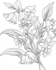 A detailed monochrome sketch of a blooming floral branch with dotted line shading and textures. The artwork is set against a clean white backdrop.