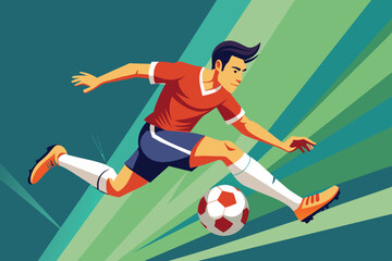Obraz premium A skilled soccer player in an orange jersey dribbles a soccer ball while running energetically across a vibrant backdrop, showcasing athleticism and focus during the match.
