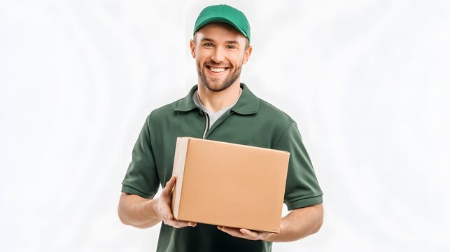 A smiling delivery man in green uniform holding a cardboard box against a white background studio shot