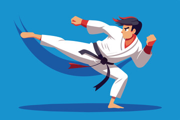 Fototapeta premium A skilled martial artist executes a high kick with precision and focus. Dressed in a traditional white gi and black belt, the scene highlights dedication to their craft.
